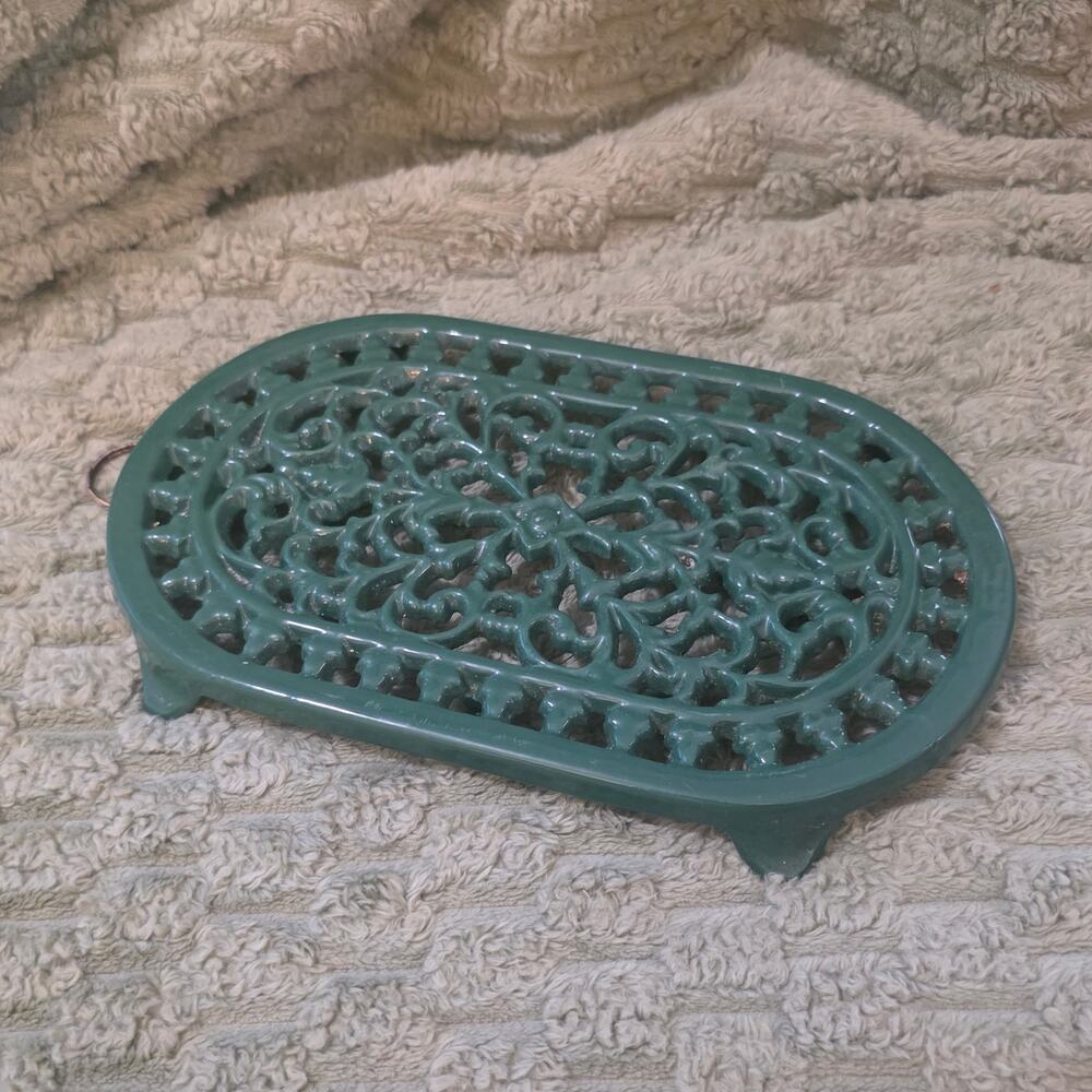 Vintage 1990s ODT China Green Cast Iron Trivet Ornate Scrollwork Hot Plate